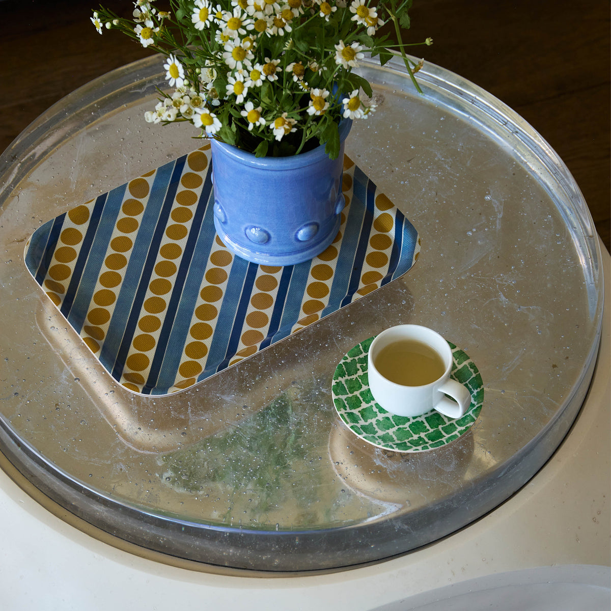 Green Cobble Coaster & Ochre dot & dash try in situ