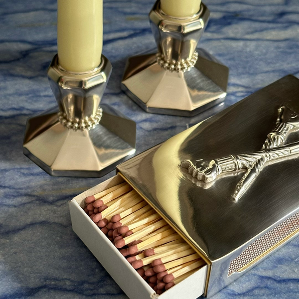 Matchbox Sleeve & Pair of Silver Candle Sticks