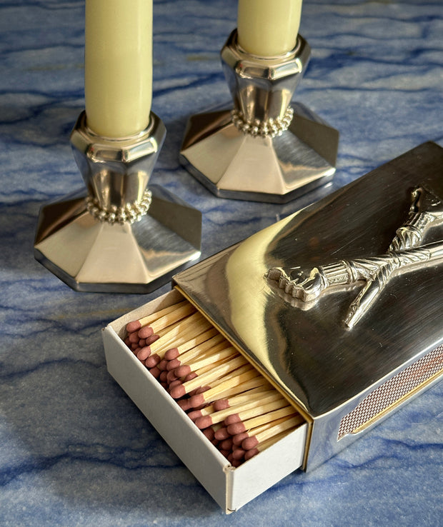 Matchbox Sleeve & Pair of Silver Candle Sticks