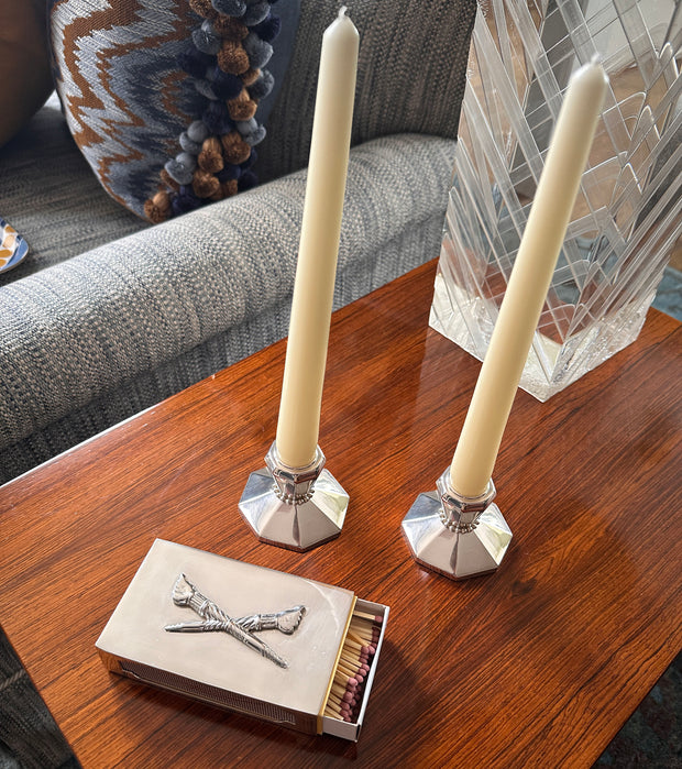 Matchbox Sleeve & Pair of Silver Candle Sticks