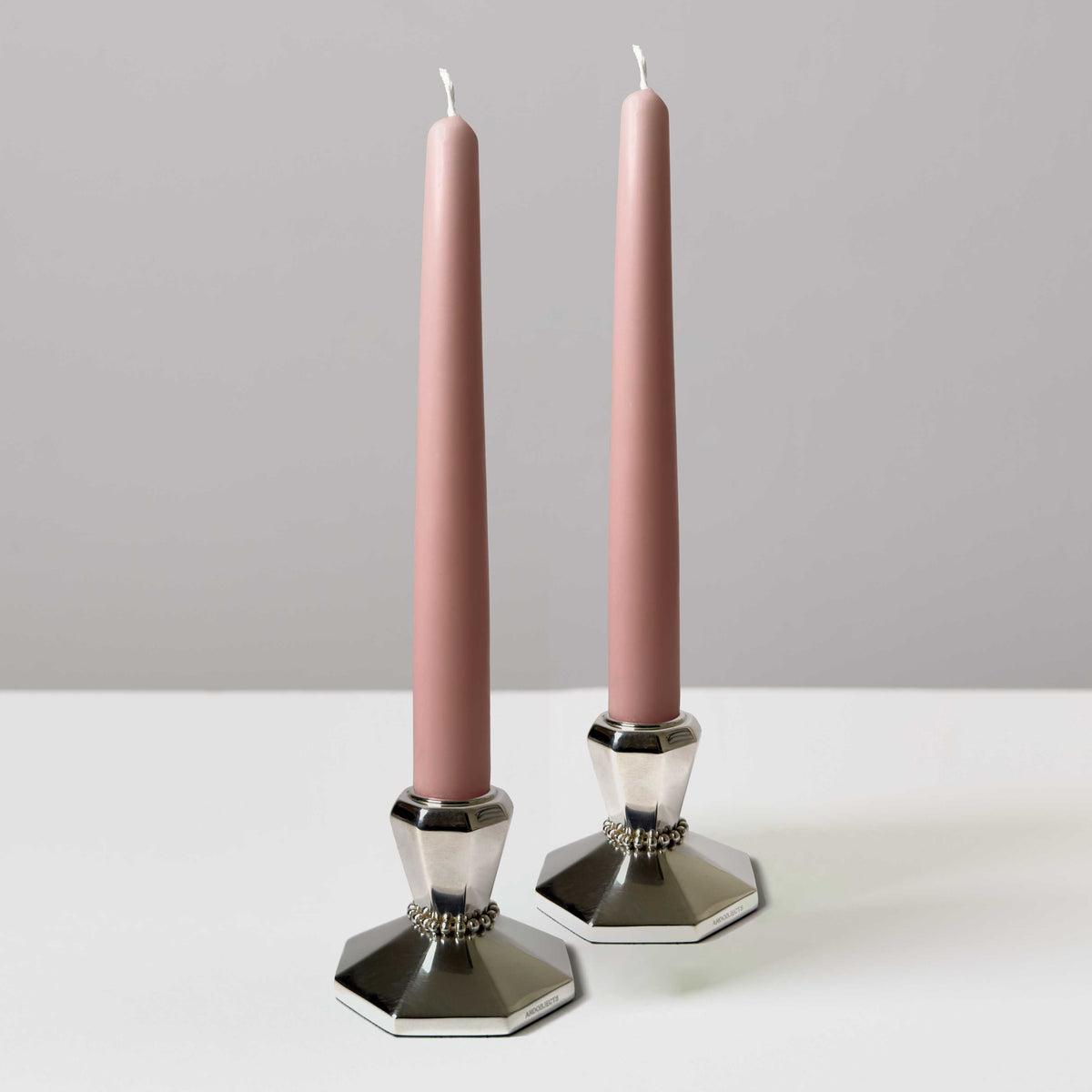 Pair of Silver Candle Sticks with Pink Tapers